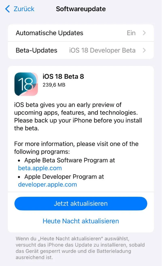 陆河苹果手机维修分享苹果 iOS / iPadOS 18 开发者预览版 Beta 8 发布 